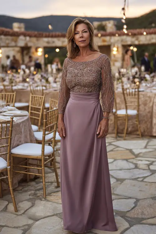 Full body of a woman over 50 in a mauve A-line gown with beaded bodice and sheer sleeves, posing near an elegant outdoor reception setup with gold chairs and warm lighting