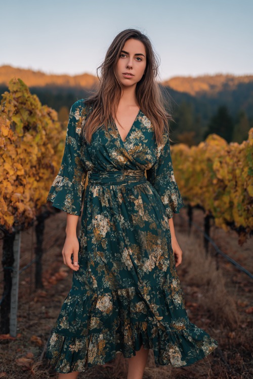 Full body of a woman styled for a smaller frame wearing a forest green floral chiffon midi dress with a ruffled hem and a fitted waist 