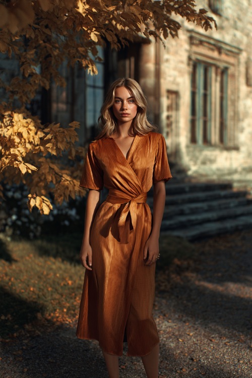 Full body of a woman styled in a copper wrap midi dress with short sleeves and a cinched waist, standing near a historic estate with golden leaves