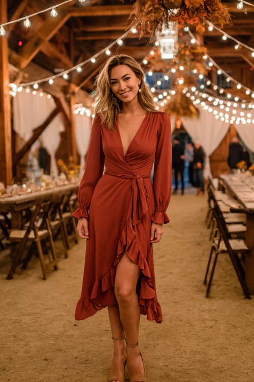Full body of a woman wearing a brick red wrap dress with ruffle details, long sleeves, and platform heels, posing at a fall barn reception with warm hanging lights and autumn garlands 