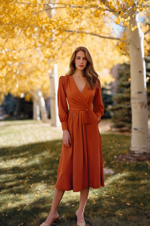 Full body of a woman wearing a burnt orange long-sleeve wrap dress with a midi hemline and block heels, standing under golden trees at an outdoor October wedding 
