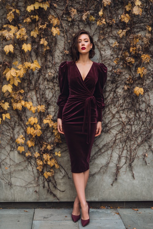 Full body of a woman wearing a deep burgundy velvet wrap midi dress with long sleeves and pointed heels, standing beside an ivy-covered wall with bare vines and golden leaves