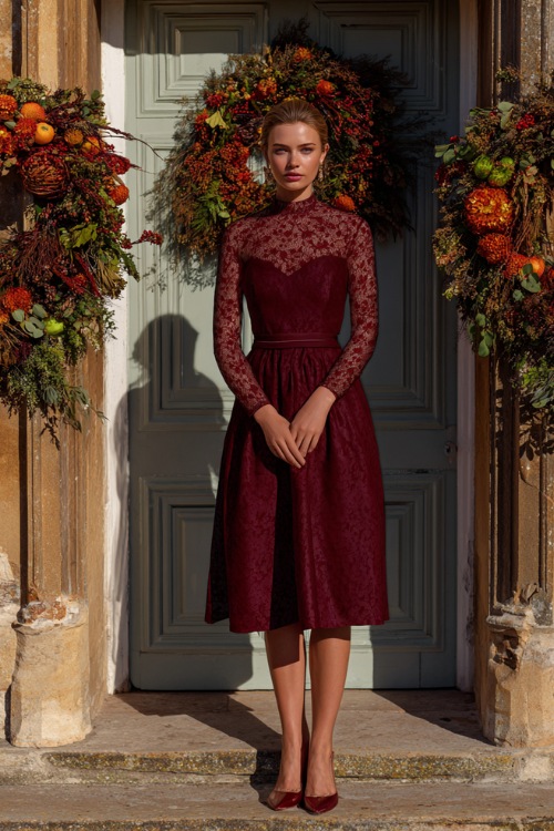 Full body of a woman wearing a maroon A-line midi wedding guest dress with sheer lace long sleeves and low heels