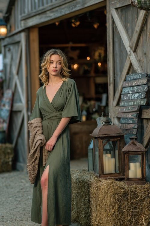 Full body of a woman wearing a moss green midi dress with flutter sleeves and side slit, holding a shawl and standing beside a barn wedding setup with wooden signs and lanterns 