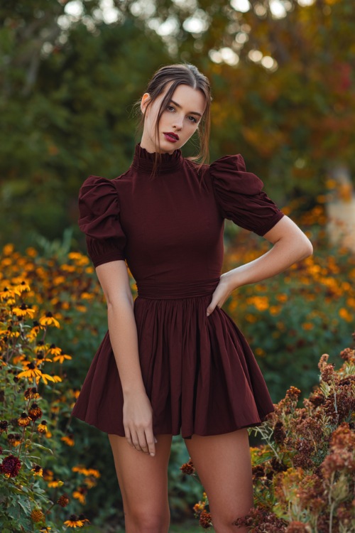 Full body of a woman with a petite-friendly silhouette wearing a high-neck dark red dress with a pleated skirt and short puff sleeves