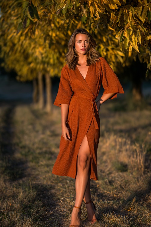 Full body of a woman with a smaller frame wearing a rust-colored wrap midi dress with flutter sleeves and ankle-strap heels