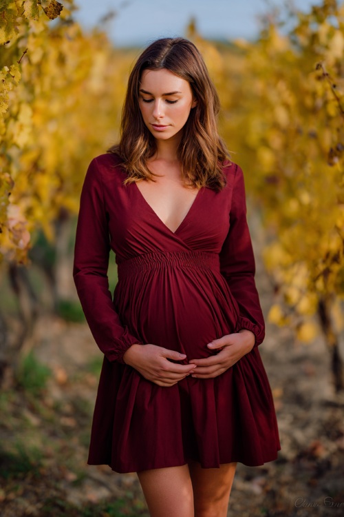 Full body of a woman with a visible baby bump in a long-sleeve burgundy dress with an elastic waistband and flared skirt, standing at a vineyard with golden leaves 