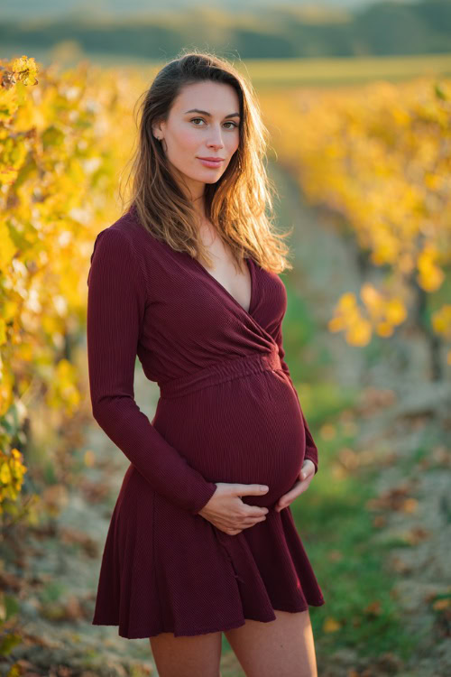Full body of a woman with a visible baby bump in a long-sleeve burgundy dress with an elastic waistband and flared skirt, standing at a vineyard with golden leaves 