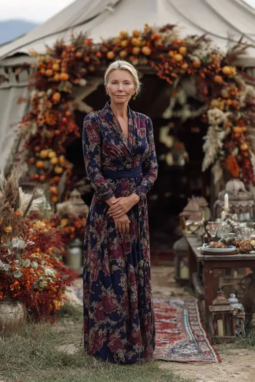 Full body of an elegant woman over 50 in a navy and burgundy floral long-sleeve dress, standing by a wedding tent surrounded by autumn décor 