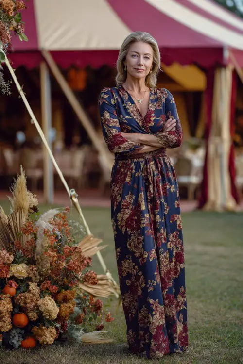 Full body of an elegant woman over 50 in a navy and burgundy floral long-sleeve dress, standing by a wedding tent surrounded by autumn décor