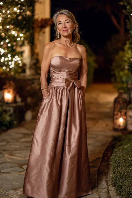 Full body of an elegant woman over 50 in a rose gold satin dress with structured neckline and waist bow detail, posing at a candlelit garden entrance for a formal fall wedding