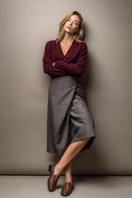 Full-body portrait of a woman in a structured gray midi skirt with a burgundy knit sweater and classic brown loafers, posed in neutral fall studio 