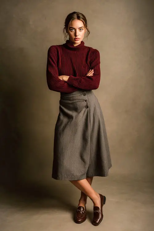 Full-body portrait of a woman in a structured gray midi skirt with a burgundy knit sweater and classic brown loafers, posed in neutral fall studio