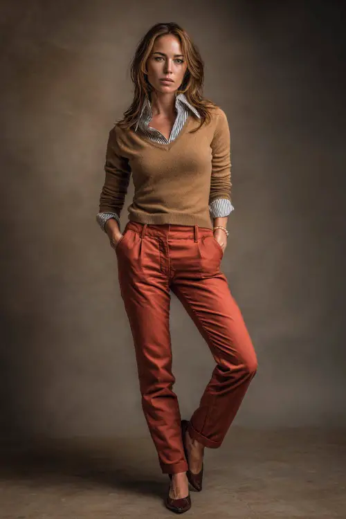Full-body portrait of a woman in rust-colored trousers, a navy V-neck pullover, and a crisp collared shirt underneath, pearl studs and leather flats 