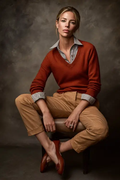 Full-body portrait of a woman in rust-colored trousers, a navy V-neck pullover, and a crisp collared shirt underneath, pearl studs and leather flats 