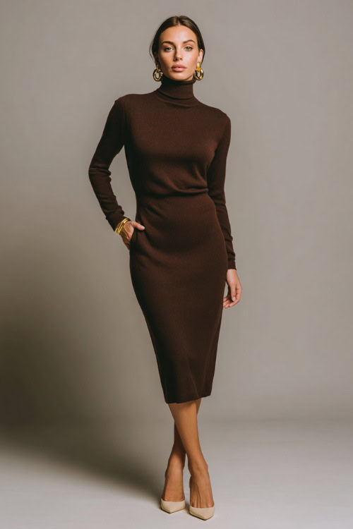 Full-body shot of a woman in a brown cashmere midi dress with long sleeves, gold accessories, and cream low heels, standing in a clean elegant studio 
