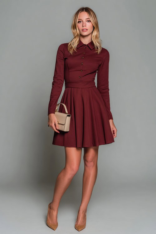 Full-body shot of a woman in a burgundy A-line dress with long sleeves and a modest collar, accessorized with a mini top-handle bag and classic pumps 
