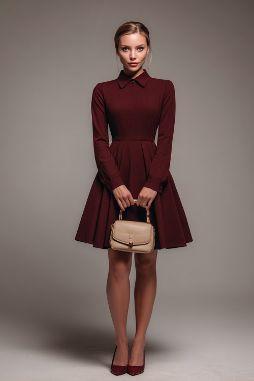 Full-body shot of a woman in a burgundy A-line dress with long sleeves and a modest collar, accessorized with a mini top-handle bag and classic pumps