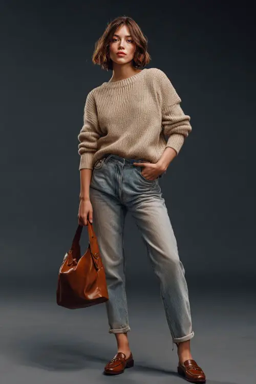 Full-body shot of a woman in cuffed light-wash jeans, tucked-in beige ribbed sweater, leather shoulder bag and block-heel loafers, studio background 