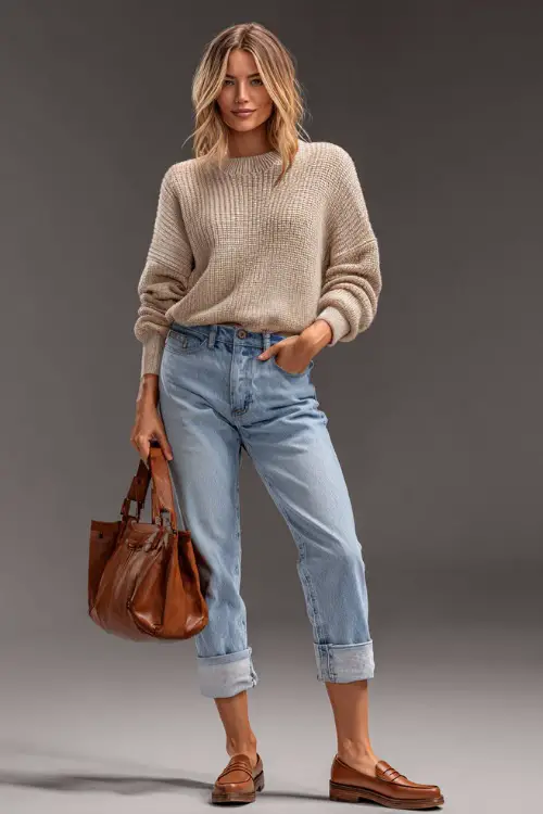 Full-body shot of a woman in cuffed light-wash jeans, tucked-in beige ribbed sweater, leather shoulder bag and block-heel loafers, studio background
