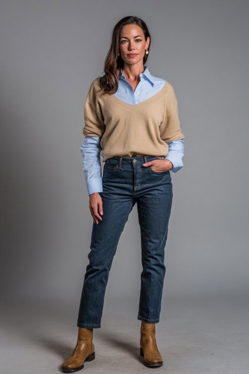 Full-body shot of a woman in dark straight-leg jeans with a pale blue oxford shirt, tan crewneck sweater over the shoulders, and pearl earrings 
