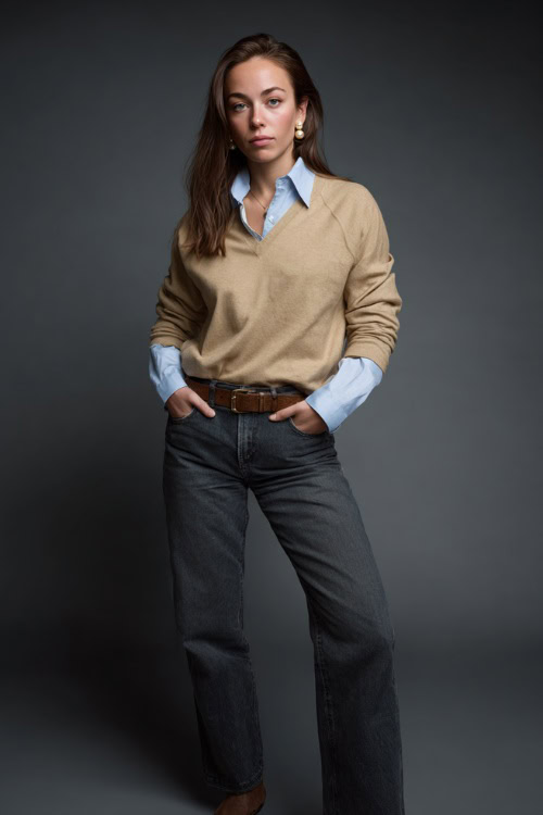 Full-body shot of a woman in dark straight-leg jeans with a pale blue oxford shirt, tan crewneck sweater over the shoulders, and pearl earrings