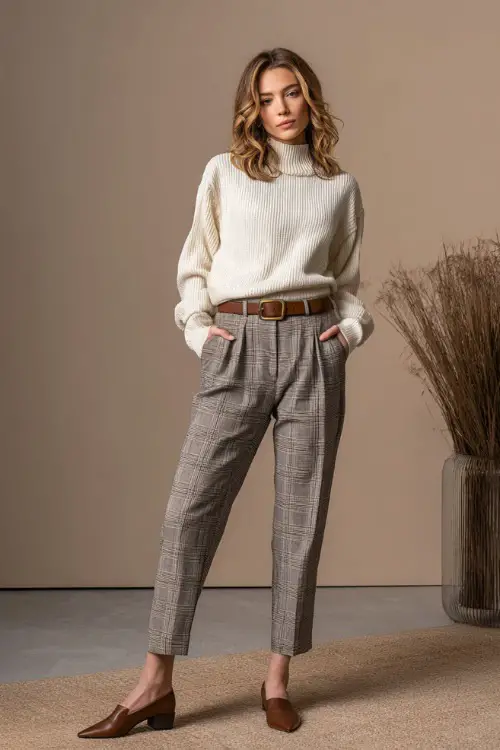 Full-body shot of a woman in gray plaid trousers with a tucked-in fine knit cream sweater, tan leather belt, and brown flats, posed in a minimal fall-themed studio 
