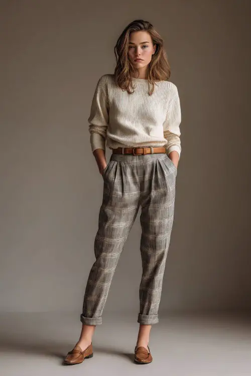 Full-body shot of a woman in gray plaid trousers with a tucked-in fine knit cream sweater, tan leather belt, and brown flats, posed in a minimal fall-themed studio 