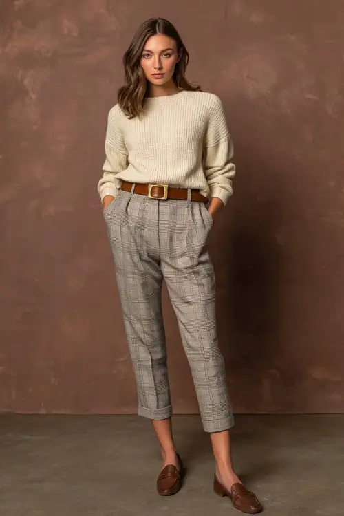 Full-body shot of a woman in gray plaid trousers with a tucked-in fine knit cream sweater, tan leather belt, and brown flats, posed in a minimal fall-themed studio