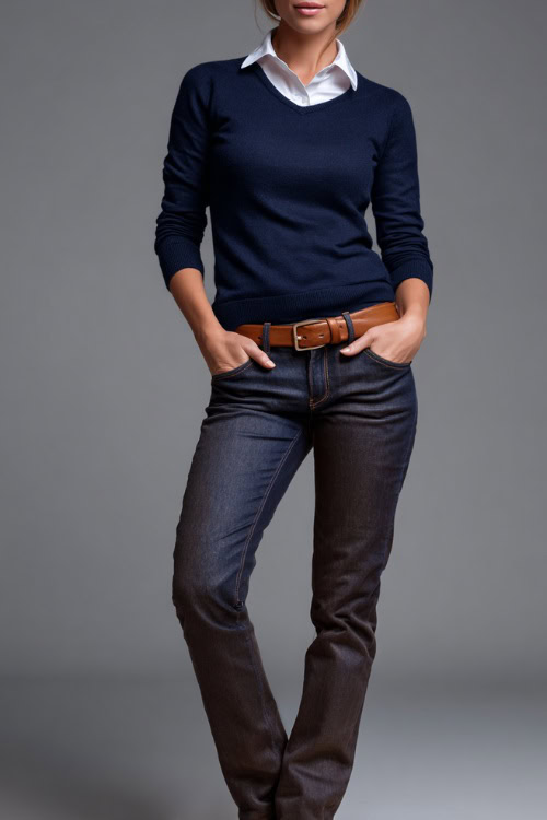 Full-body shot of a woman wearing straight-leg jeans with a navy cashmere sweater, white collared shirt peeking out, and brown leather belt, styled with flats 