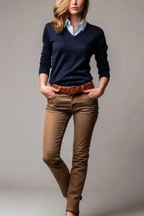 Full-body shot of a woman wearing straight-leg jeans with a navy cashmere sweater, white collared shirt peeking out, and brown leather belt, styled with flats 