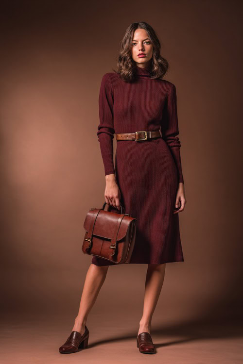 Full-body view of a woman in a burgundy knit midi dress with long sleeves and a leather belt, worn with block-heel loafers and a brown satchel