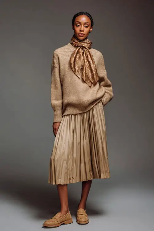 Full-body view of a woman wearing a classic camel pullover sweater, pleated midi skirt, and tan loafers, with a silk scarf around her neck, in a soft-lit studio 