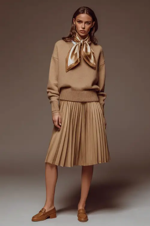 Full-body view of a woman wearing a classic camel pullover sweater, pleated midi skirt, and tan loafers, with a silk scarf around her neck, in a soft-lit studio