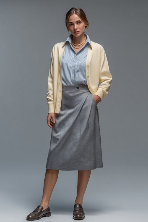 Full-body view of a woman wearing a gray wool midi skirt, tucked-in blue oxford shirt, and a cream cardigan, loafers and a pearl necklace, soft studio light