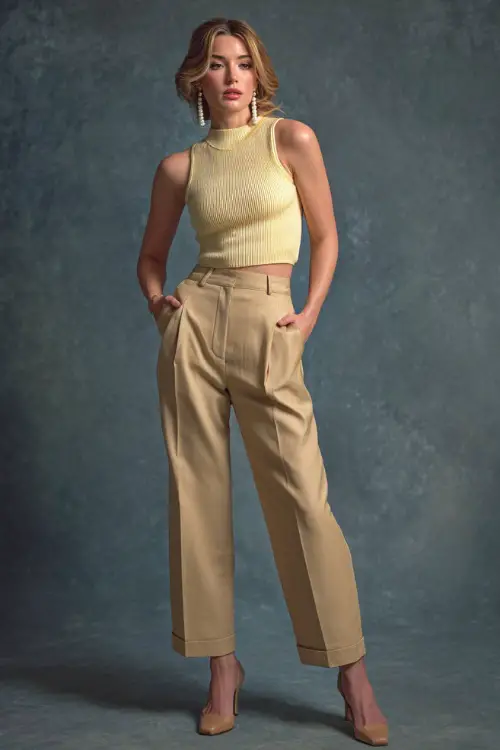 Full-body view of a woman wearing tailored tan trousers, pale yellow knit top, pearl drop earrings, and low block heels, simple studio background