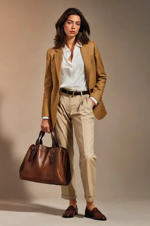 Full-body woman wearing a tailored camel blazer over a white silk blouse and beige wool trousers, accessorized with brown loafers and a structured leather handbag