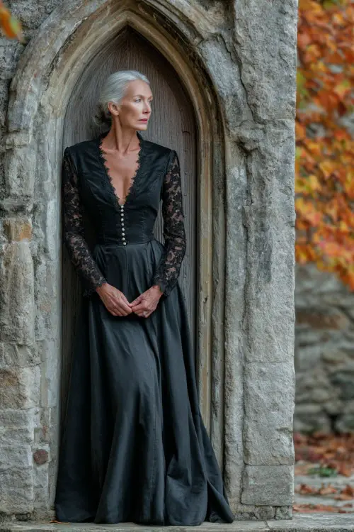 Mature woman in a black floor-length gown with lace sleeves and pearl accents, standing near an arched stone doorway surrounded by crisp autumn air