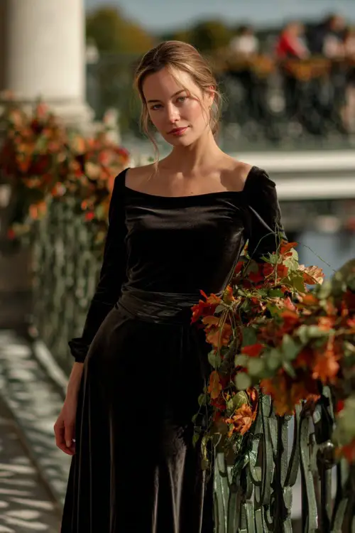 Mature woman in a black velvet gown with bateau neckline and A-line shape, standing beside a wrought iron railing wrapped in autumn garlands 