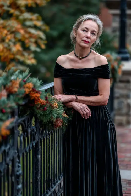 Mature woman in a black velvet gown with bateau neckline and A-line shape, standing beside a wrought iron railing wrapped in autumn garlands