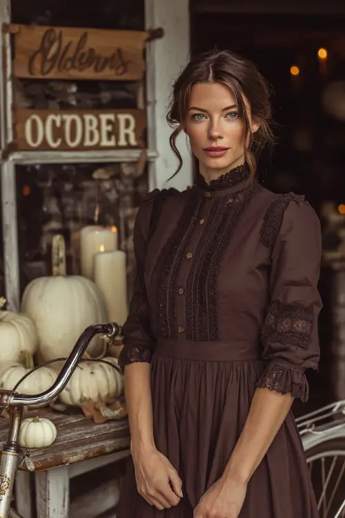 Mature woman in a chocolate brown midi dress with empire waist and lace sleeves, standing beside an October wedding sign surrounded by white pumpkins and candles
