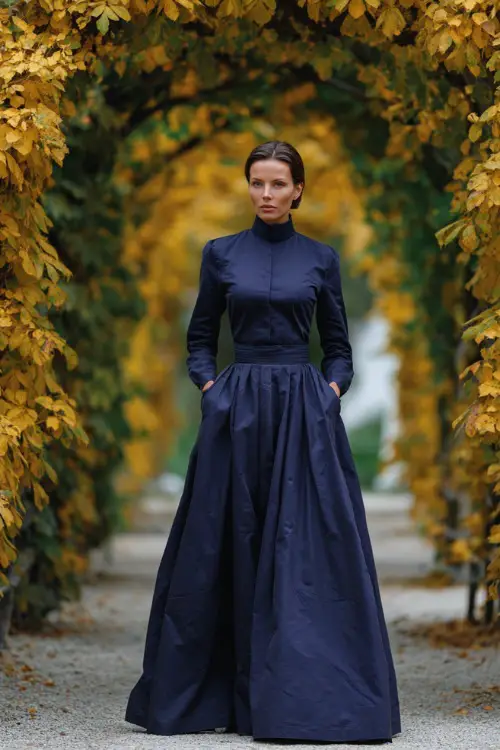 Mature woman in a dark blue high-neck dress with long sleeves and flowy skirt, standing beneath an arbor of golden leaves