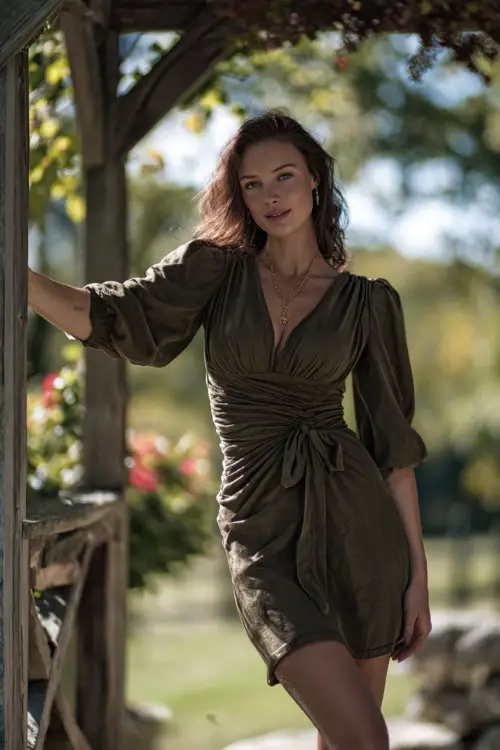 Mature woman in a dark olive green knee-length dress with draped sleeves and gathered waist