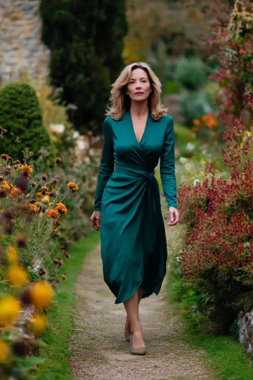 Mature woman in a deep emerald green wrap dress with midi length and long sleeves, walking through a garden path with autumn florals, full body visible 