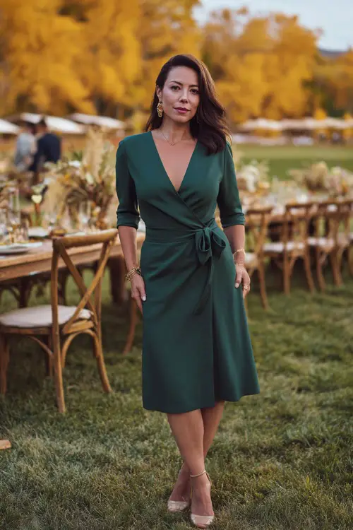 Mature woman in a hunter green wrap dress with elbow-length sleeves and midi hem, posing near an outdoor October wedding setup with golden trees 