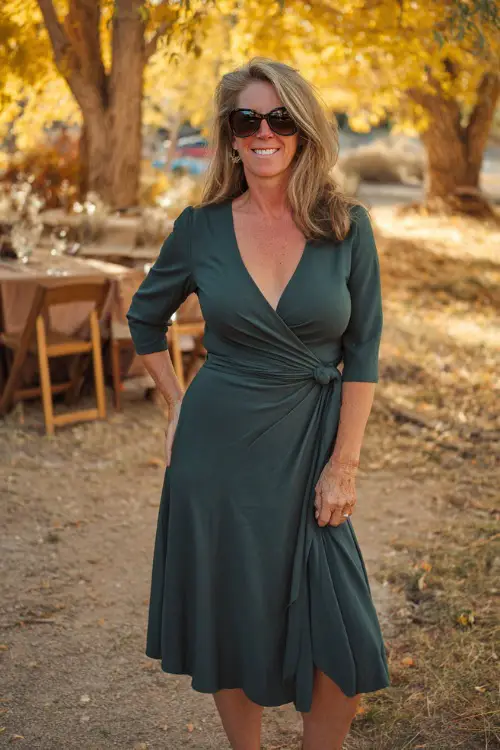 Mature woman in a hunter green wrap dress with elbow-length sleeves and midi hem, posing near an outdoor October wedding setup with golden trees