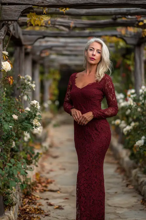 Mature woman in a long-sleeve maroon lace dress with slight mermaid hem, standing under a wooden pergola decorated with fall leaves and white roses 
