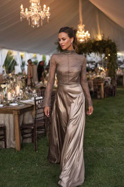 Mature woman in a long taupe metallic gown with high neckline and sheer long sleeves, walking near a formal wedding reception tent with chandeliers and foliage 