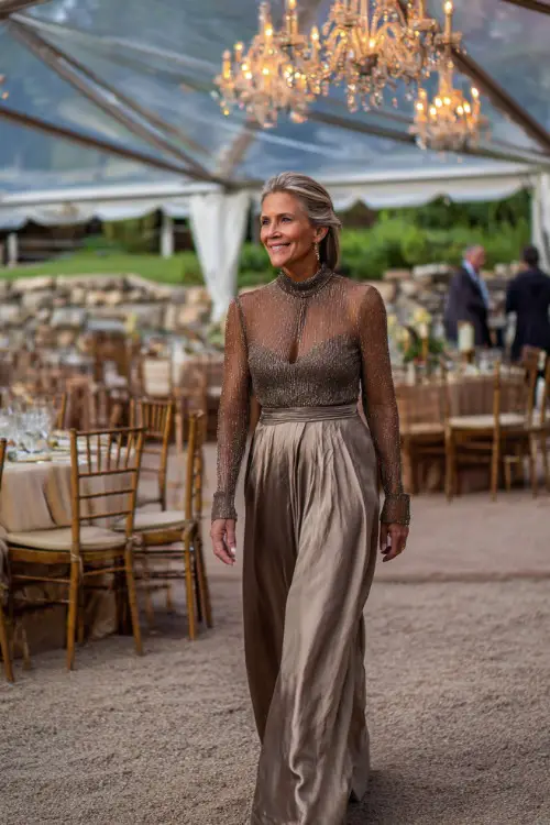 Mature woman in a long taupe metallic gown with high neckline and sheer long sleeves, walking near a formal wedding reception tent with chandeliers and foliage 
