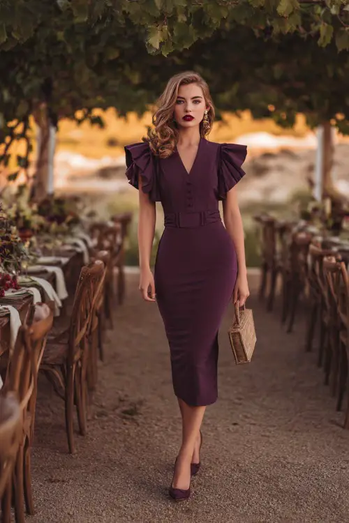Mature woman in a plum-colored fit-and-flare midi dress with flutter sleeves, walking past a vineyard reception setup with early harvest decor